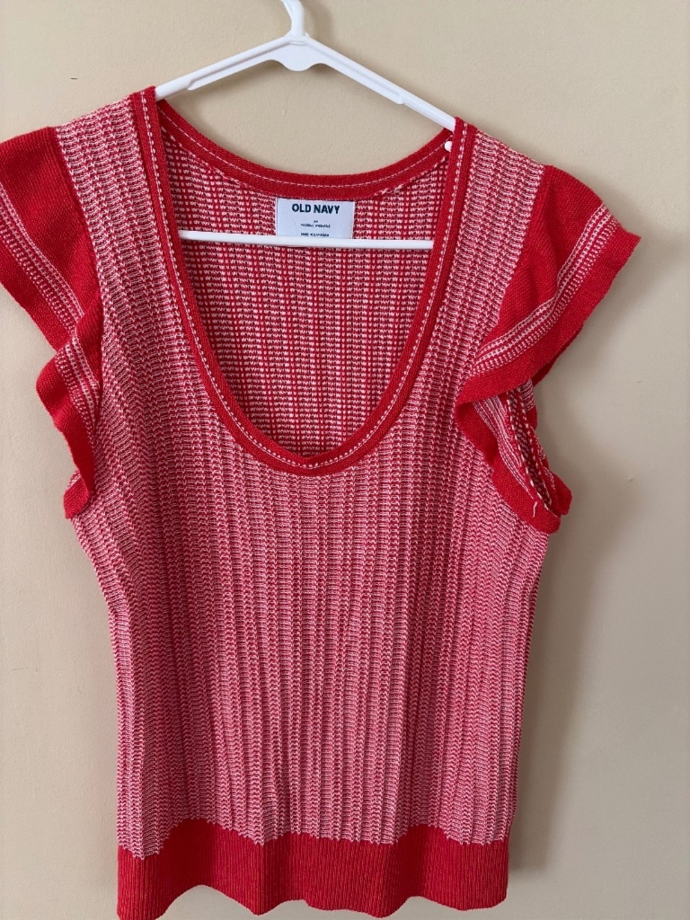 Old Navy Red and White Knit Ruffle-Sleeve Tank Top
